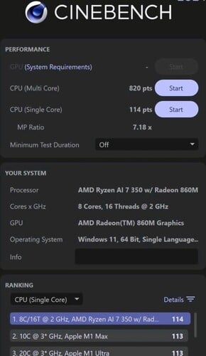 Score Cinebench 2024 de l'AMD Ryzen AI 7 350 (source de l'image : Weibo)