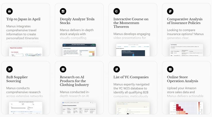 Exemples de questions complexes auxquelles l'agent Manus AI peut facilement répondre. (Source de l'image : Manus AI)