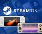 Le Konkr Pocket Fit G3 et l’Ayaneo Pocket S2 Pro, photographiés avec le logo Steam OS en arrière-plan