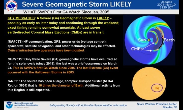 La NOAA émet une alerte critique aux éruptions solaires pour le week-end du 11 mai 2024. (Source : NOAA)