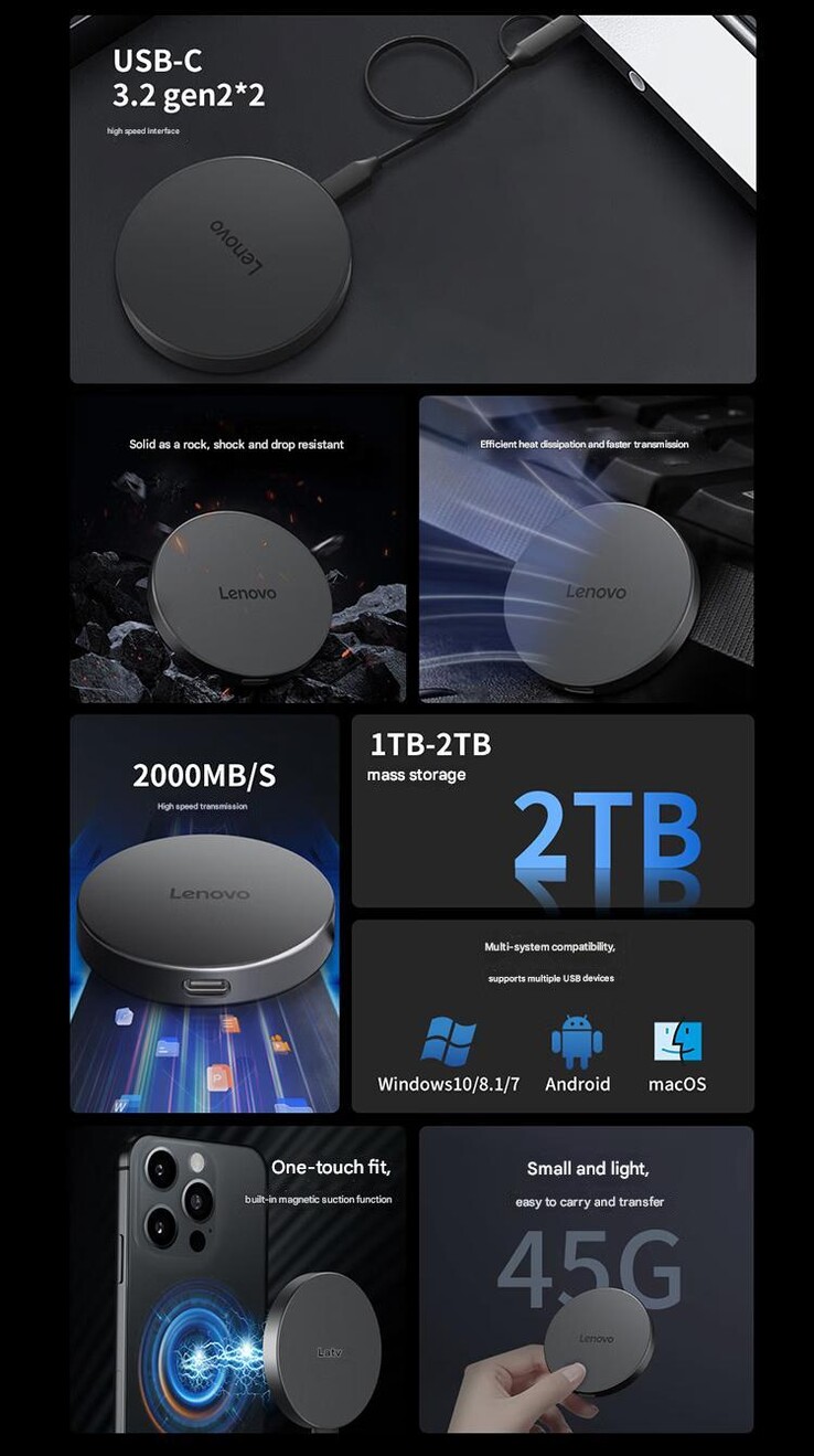 Principales caractéristiques du SSD portable magnétique Lenovo Y910 (Image source : Lenovo - machine translated)