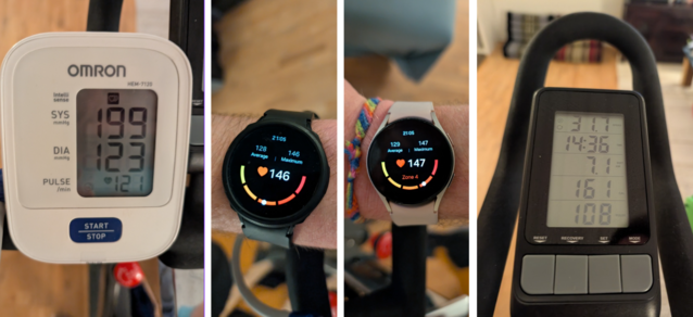 Comparaison des exercices - Gauche : Omron. Au milieu à gauche : Galaxy Watch 4. Au milieu à droite : Galaxy Montre 5. A droite : Vélo (Image Source : David Devey / Notebookcheck)