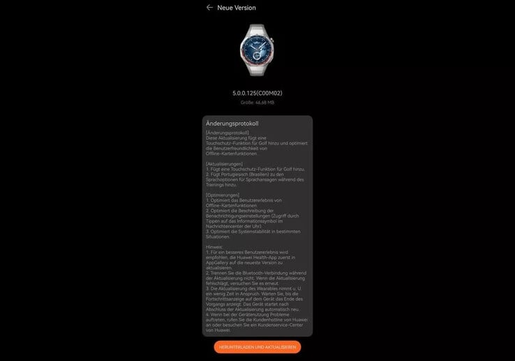 Le journal des modifications de la version 5.0.0.125 du micrologiciel de la Huawei Watch GT 5 Pro. (Source de l'image : Huaweiblog.de)