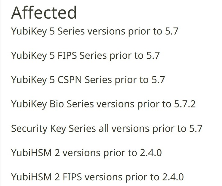 Les appareils répertoriés sont vulnérables à la faille de sécurité et les utilisateurs devraient envisager de les remplacer. (Source de l'image : Yubico)