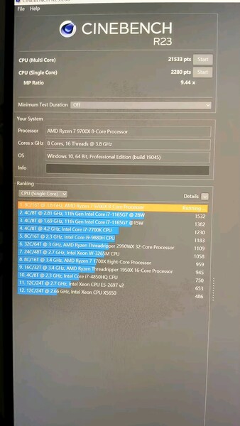 Score AMD Ryzen 7 9700X Cinebench R23 (source de l'image : HXL on X)