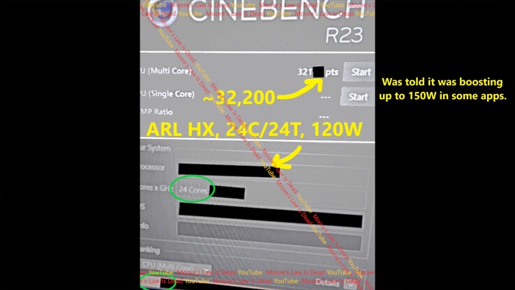 Performances de l'Arrow Lake HX Cinebench R23. (Source de l'image : Moore's Law Is Dead sur YouTube)