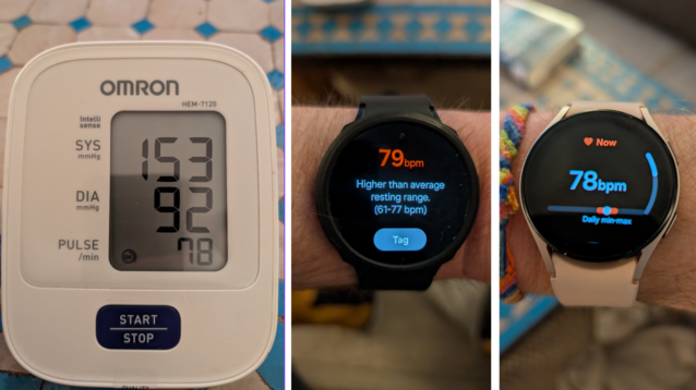 Comparaison au repos - Gauche : Omron. Au milieu : Galaxy Watch 4. A droite : Galaxy Montre 5. Jusqu'à présent, c'est tout à fait exact. Mieux vaut ignorer la BP pour l'instant. (Source de l'image : David Devey / Notebookcheck)