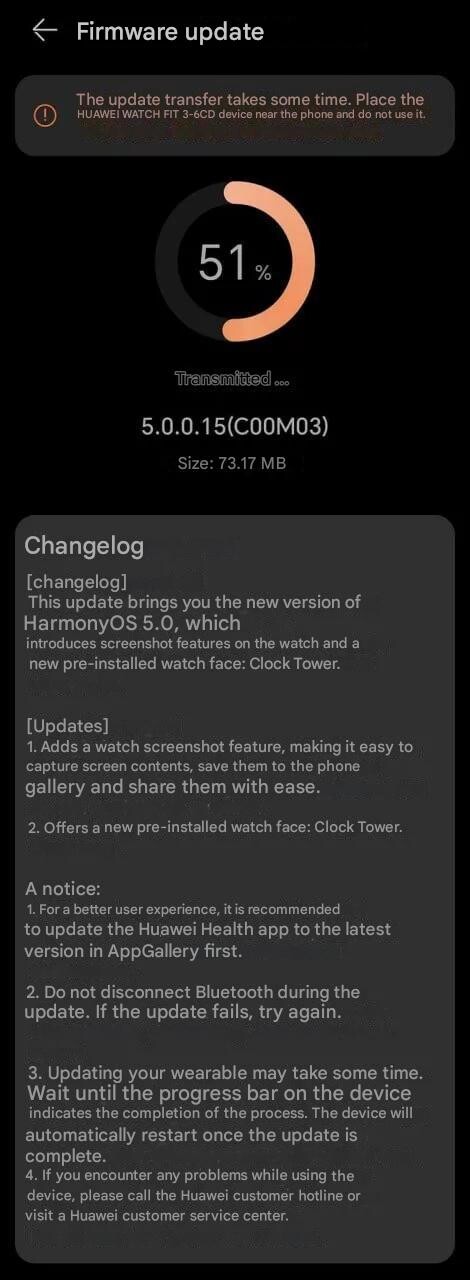 Les notes de mise à jour de la version 5.0.0.15 pour la Watch Fit 3. (Source de l'image : Huaweiblog.de via Google Translate)