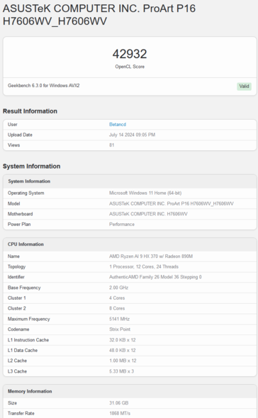 Score OpenCL de la AMD Radeon 890M sur Geekbench (image via Geekbench)