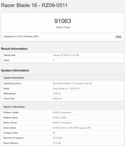 Ordinateur portable GeForce Résultat Geekbench de la carte graphique RTX 5090 (source d'image : Geekbench)