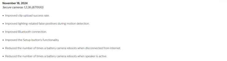 Le journal des modifications de la version 1.2.26 de la mise à jour des caméras Philips Hue Secure. (Source de l'image : Philips Hue)