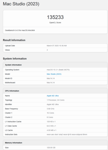 Apple M2 Ultra Geekbench GPU OpenCL score (image score Geekbench)