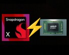 Le Snapdragon X d'entrée de gamme affronte le Ryzen 7 8840U dans le test multicœur Geekbench 6. (Source des images : AMD, Qualcomm, édité)