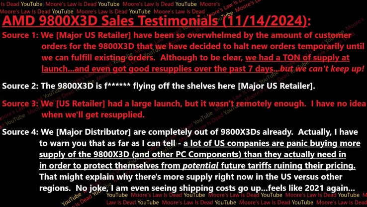 Ryzen 7 9800X3D : informations sur les ventes et l'approvisionnement. (Source de l'image : Moore's Law Is Dead)