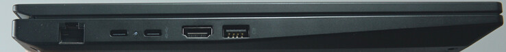 Connexions à gauche : Port LAN (1 Gbit/s), USB-C (10 Gbit/s, PD, DP), USB-C (40 Gbit/s, PD, DP), HDMI, USB-A (10 Gbit/s)