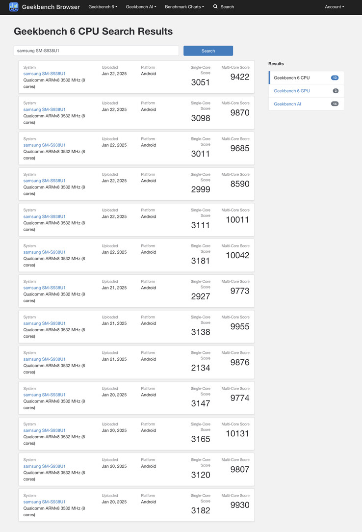 Le Snapdragon 8 Elite pour Galaxy ne semble pas offrir une amélioration notable des performances du processeur dans Geekbench. (Source de l'image : Geekbench)