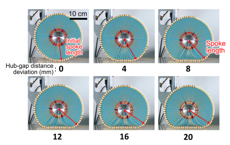 Forme de la roue déformée en considérant que la force gravitationnelle dépend de la variation de la distance entre le moyeu et l'entrefer. (Source de l'image : KIMM)