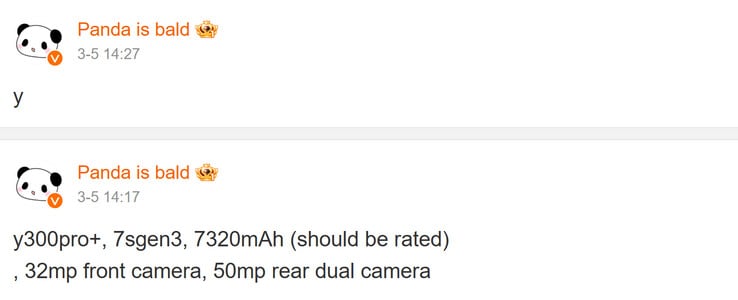 Les spécifications de base du Vivo Y300 partagées par Panda sont chauves (Image source : Weibo - machine translated)