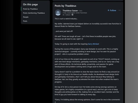 NetEase Games Thaddeus Sasser LinkedIn post (Image source : Screenshot, LinkedIn)