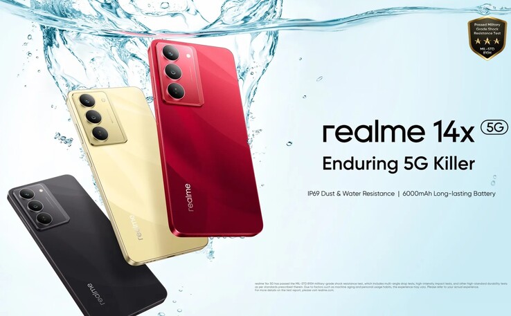 Le Realme 14x est disponible dans les coloris Crystal Black, Golden Glow et Jewel Red (Image source : Realme)