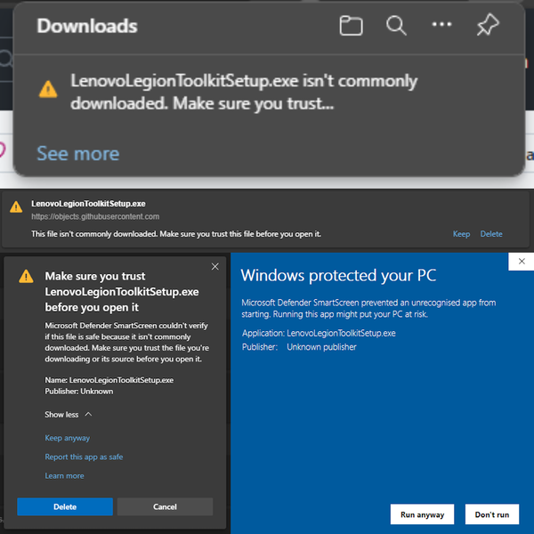 Dans le dernier cas, Windows a déjà fait ses preuves en matière de "surveillance des logiciels potentiellement dangereux" - je n'ai pas besoin d'entendre Edge répéter la même chose trois fois. (Source de l'image : Own)