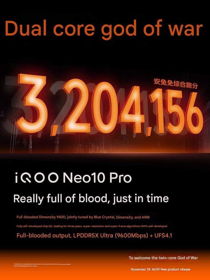 iQoo Neo 10 Pro : un score AnTuTu record (Image source : iQoo - machine translated)