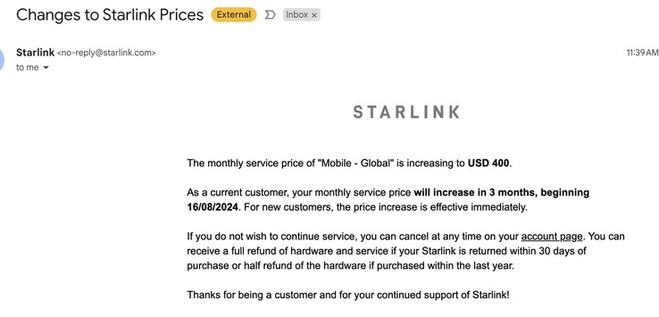 Les prix de l'Internet Starlink pour le niveau Mobile Global vont doubler