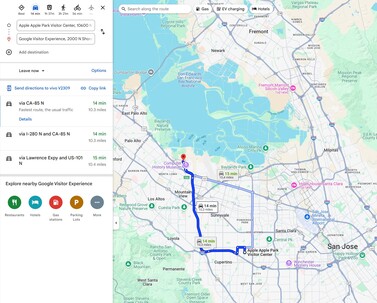 Les 16 km qui séparent Apple de Google peuvent être parcourus en voiture en peu de temps.