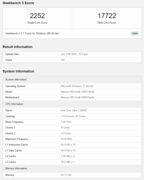 Intel Core Ultra 7 265KF score Geekbench 5.5 (source image : Geekbench)