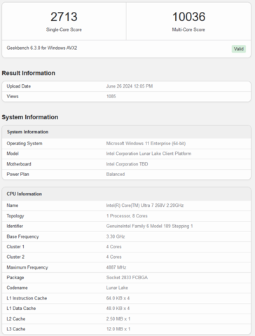 Intel Core Ultra 7 268V score Geekbench (image via Geekbench)