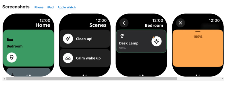 Captures d'écran de la nouvelle application IKEA Home Smart pour Apple Watch. (Source de l'image : Apple App Store)