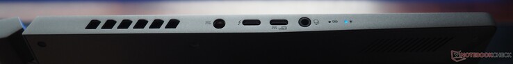 Côté gauche : Alimentation, USB-C 4 (y compris DisplayPort 1.4 et PowerDelivery), USB-C 3.1 Gen 2, audio