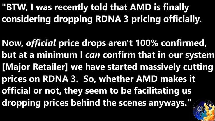 Fuite de la baisse de prix de l'AMD RDNA 3. (Source de l'image : Moore's Law Is Dead sur YouTube)