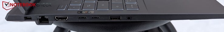 À gauche : alimentation, LAN, HDMI 2.1, USB-C 4, USB-C 3.2 Gen2, USB-A 3.2 Gen2, prise pour casque d'écoute