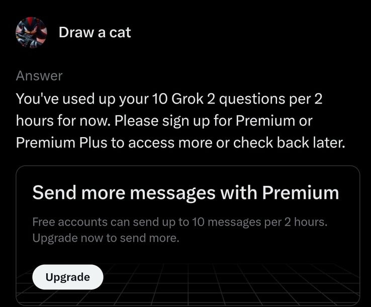 La version gratuite de Grok vous permet de poser 10 questions en 2 heures. (Source d'image : plateforme X)