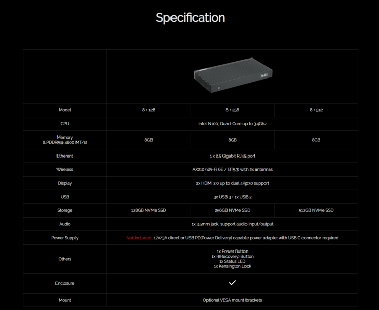 La fiche technique complète du mini PC Palmshell SLiM X4L. (Source de l'image : Palmshell)