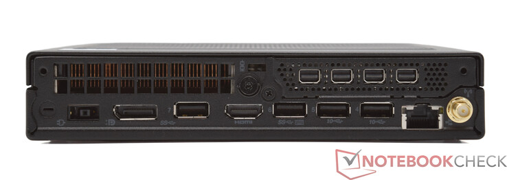 Panneau arrière : Connecteur d'alimentation, DisplayPort 1.4, 2x 3.2 Gen-1 (5 GBit/s), HDMI 2.1 TMDS, 2x 3.2 Gen-2 (10 GBit/s), 10/100/1000 MBit (Intel I219-LM), 4x Mini DisplayPort 1.4a (Nvidia T1000), antenne WLAN