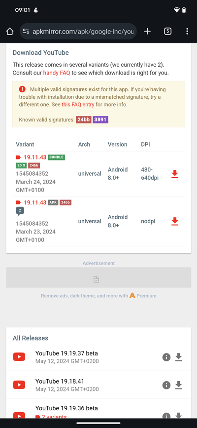 Assurez-vous de télécharger l'APK, et non le pack, car Revanced ne peut corriger que l'APK (Source : Apkmirror)