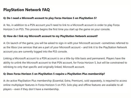 Forza Horizon 5 PSN account FAQ (Image source : Forza Horizon 5 support site)