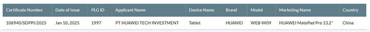 Le SDPPI indonésien approuve la mise en vente du MatePad Pro 13.2 2025. (Source : SDPPI via HuaweiCentral)