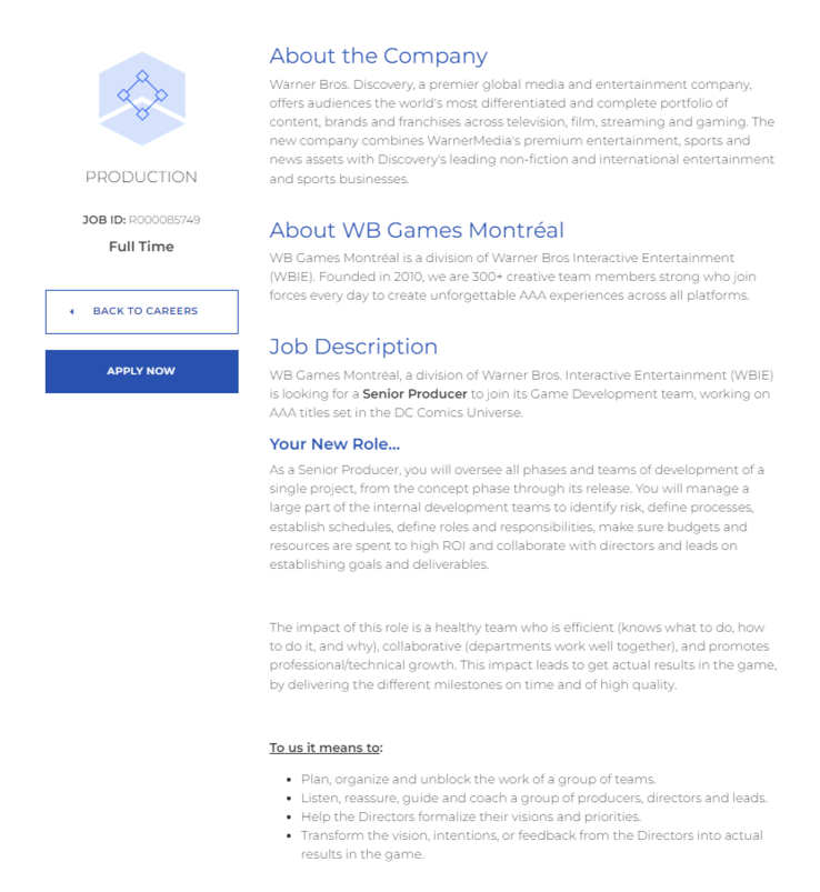 La liste complète des postes à pourvoir sur le site de WB Games Montréal. (Source de l'image : WB Games Montréal Jobs)
