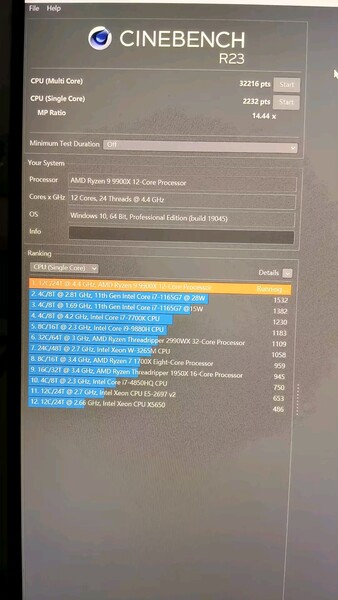 Score AMD Ryzen 9 9900X Cinebench R23 (source de l'image : HXL on X)