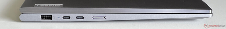 À gauche : USB-A 3.2 Gen 1 (5 Gbit/s, toujours activé), 2x USB-C 4.0 avec Thunderbolt 4 (40 Gbit/s, DisplayPort 2.1, Power Delivery 3.0), carte Nano SIM